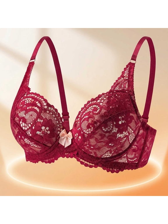 Bralettes for Women Padded Floral Lace Push Up Bra Womens Cute Bow Underwire Adjustable Strap Thin Cup Breathable Bralette Wine XL