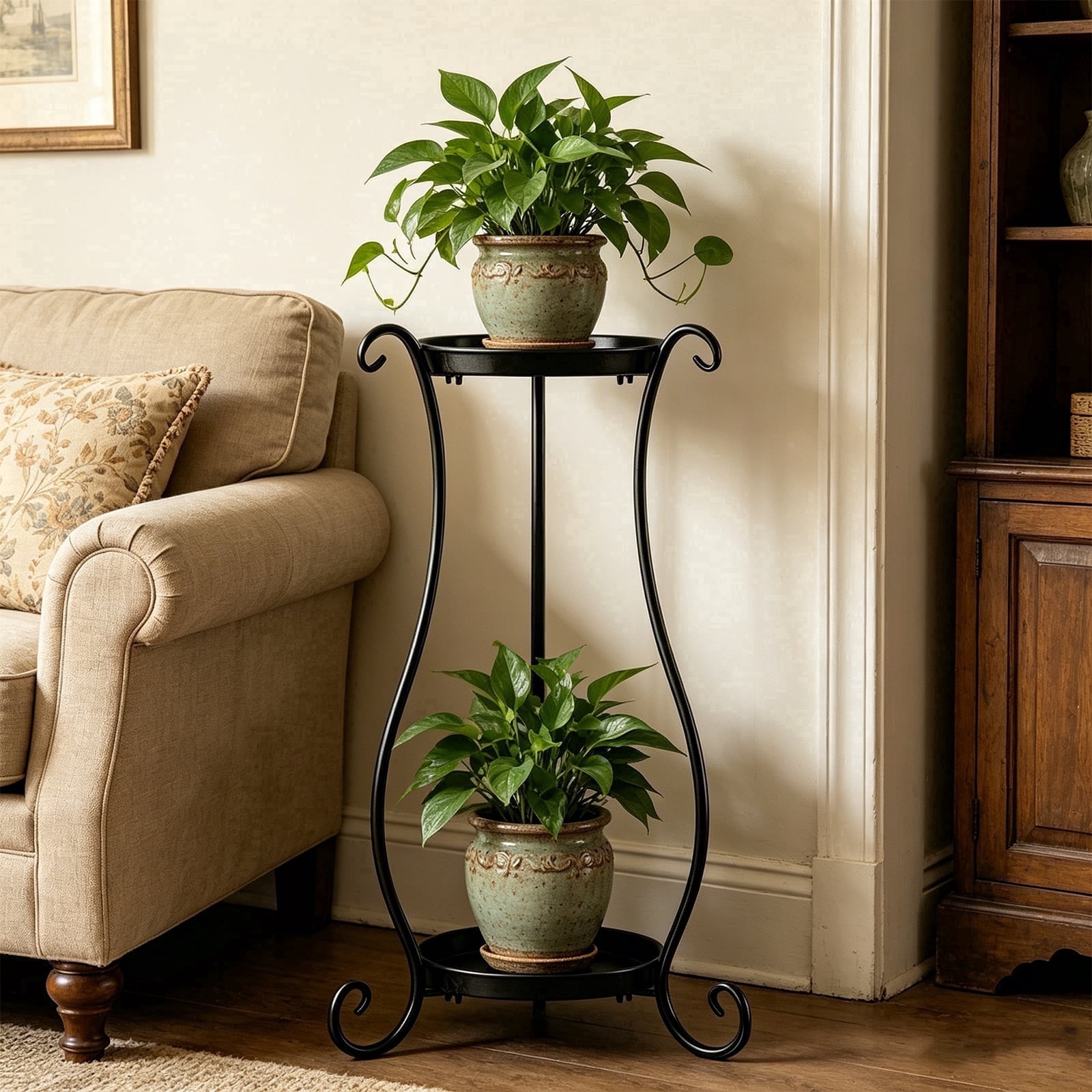 ZHEILFG 2-Tier Round Metal Plant Stand, Indoor Outdoor Flower Pot ...