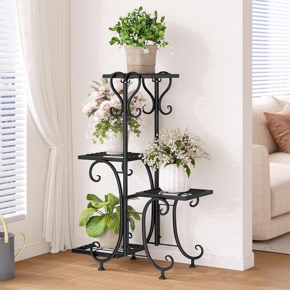 ZHEILFG 4-Tier Metal Plant Stand, Tall Indoor & Outdoor Flower Shelf for Multiple Plants, Corner Pot Rack for Living Room, Garden & Patio