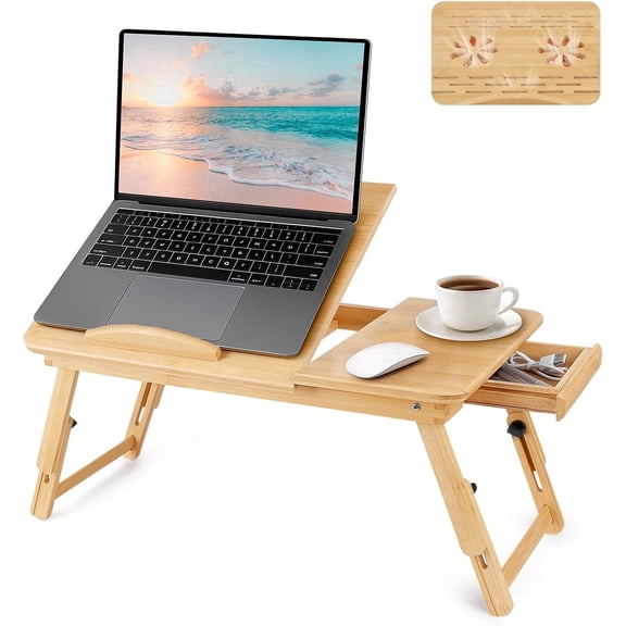 ZHEILFG Bamboo Laptop Desk with Drawer, Height and 4-Level Tilt Adjustable, Foldable Portable Lap Desk with Heat Dissipation Vents for Working, Reading, Writing and Eating