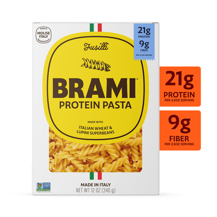 Brami Fusilli High Protein Pasta, Made in Italy, 21g Protein, High Fiber, Low Carb Vs. Regular Pasta Noodles, Durum Wheat Plus Lupini Beans, Bronze Cut Shelf-Stable Noodles, 12 oz Box