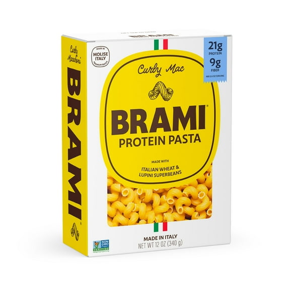 Brami Curly Mac High Protein Pasta, Made in Italy, 21g Protein, High Fiber, Durum Wheat Plus Lupini Beans, Bronze Cut Shelf-Stable Noodles, 12 oz Box