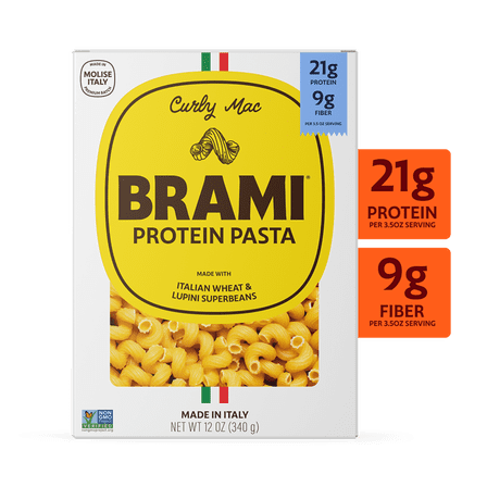 Brami Curly Mac High Protein Pasta, Made in Italy, 21g Protein, High Fiber, Durum Wheat Plus Lupini Beans, Bronze Cut Shelf-Stable Noodles, 12 oz Box