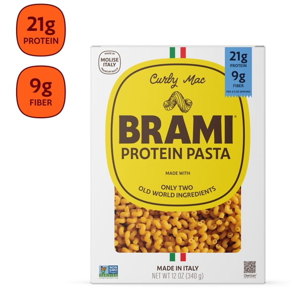 Brami Curly Mac High Protein Pasta, 21g Protein, High Fiber, Shelf-Stable Noodles, 12 oz Box