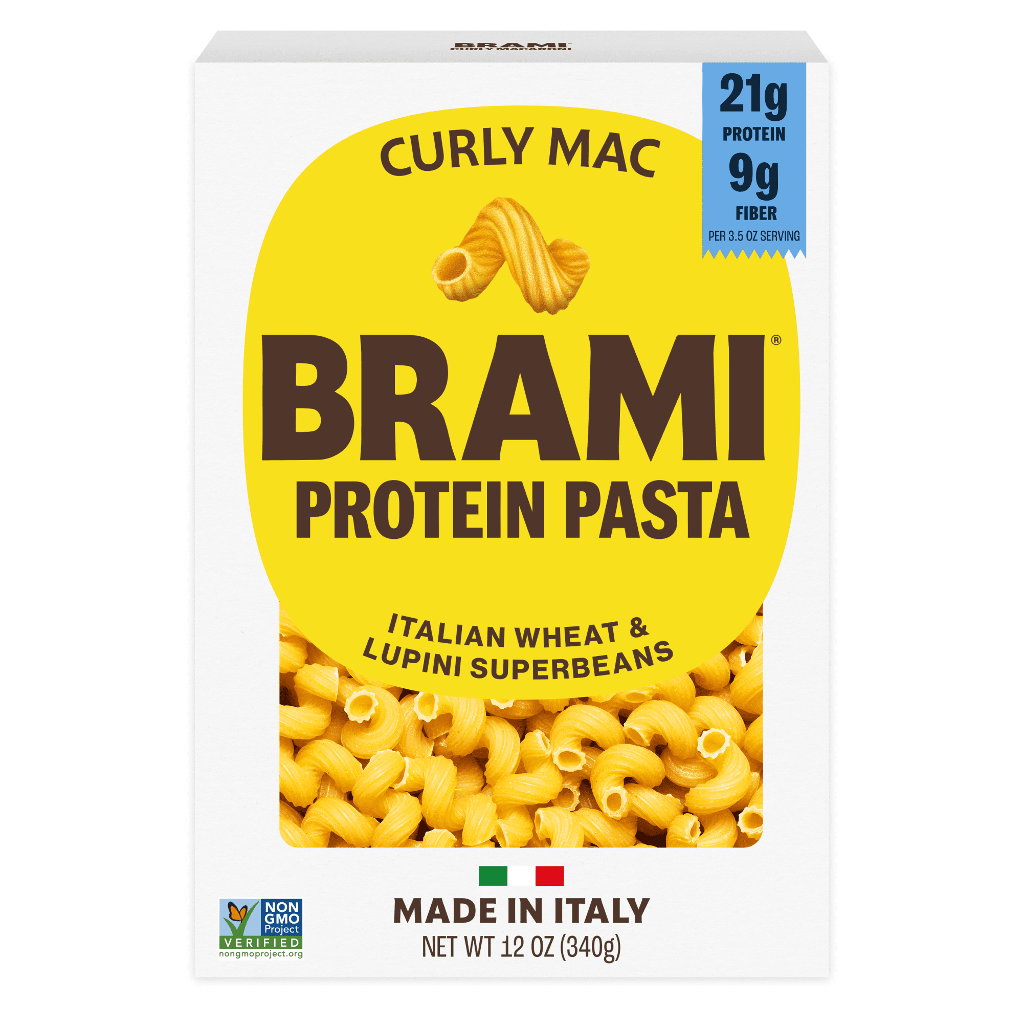 Brami Curly Mac High Protein Pasta, Made in Italy, 21g Protein, High Fiber, Durum Wheat Plus Lupini Beans, Bronze Cut Shelf-Stable Noodles, 12 oz Box