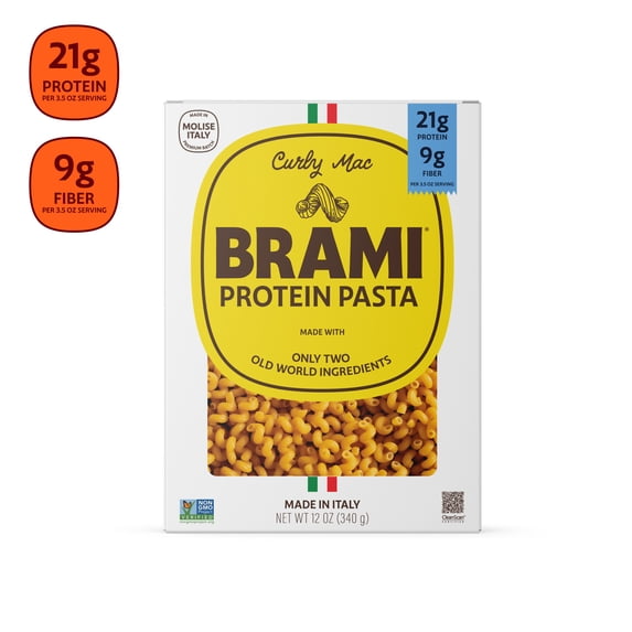 Brami Curly Mac High Protein Pasta, 21g Protein, High Fiber, Shelf-Stable Noodles, 12 oz Box
