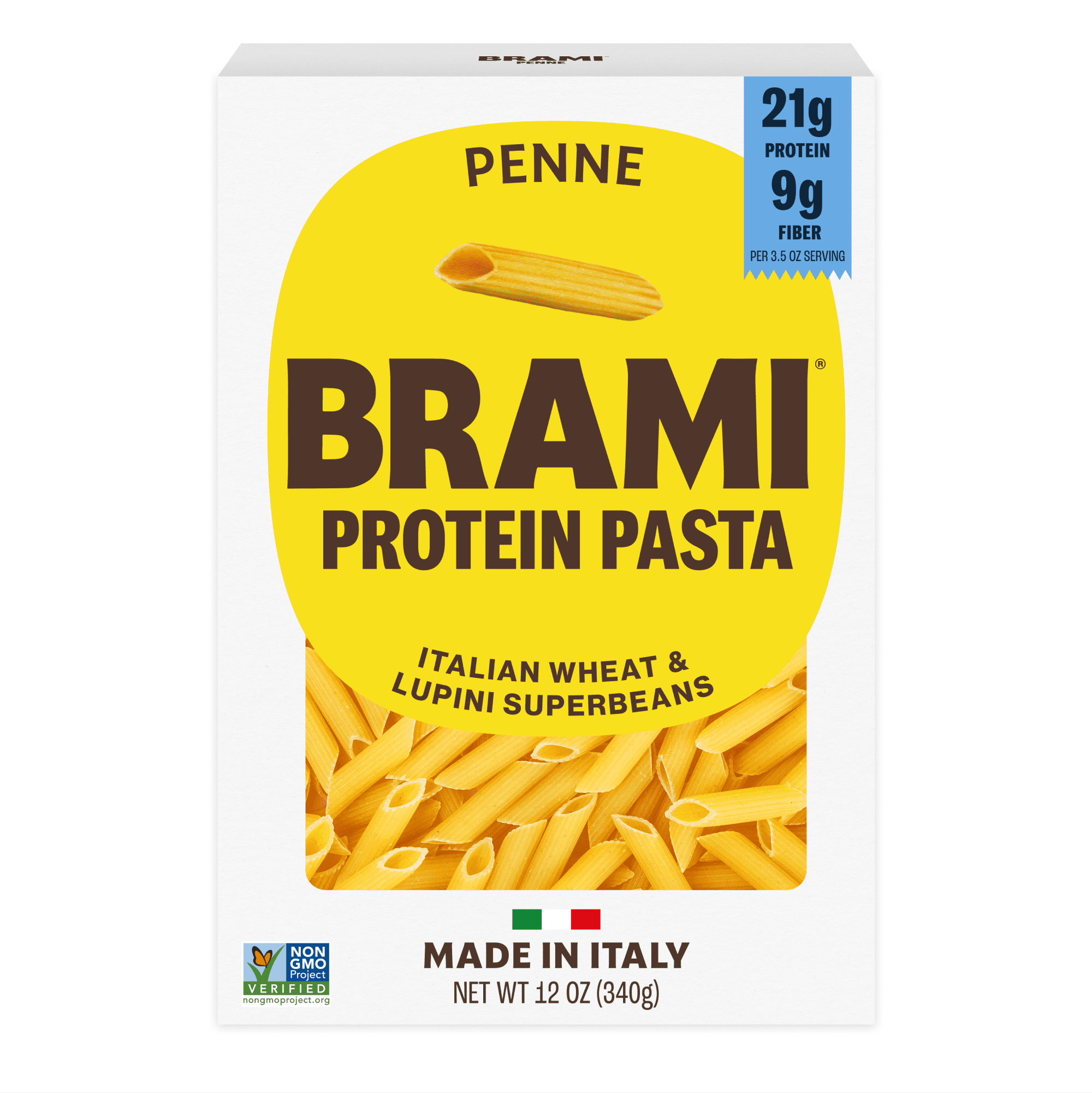 Brami Penne High Protein Pasta, Made in Italy, 21g Protein, High Fiber, Low Carb Vs. Regular Pasta Noodles, Durum Wheat Plus Lupini Beans, Bronze Cut Shelf-Stable Noodles, 12 oz Box