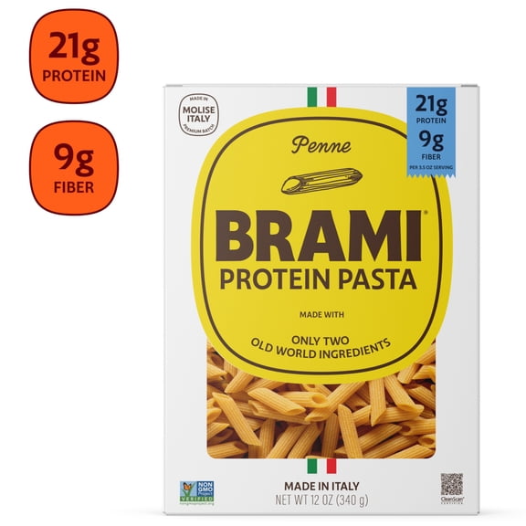 Brami Penne High Protein Pasta, 21g Protein, High Fiber, Shelf-Stable Noodles, 12 oz Box