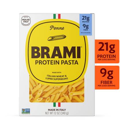 Brami Penne High Protein Pasta, Made in Italy, 21g Protein, High Fiber, Durum Wheat Plus Lupini Beans, Bronze Cut Shelf-Stable Noodles, 12 oz Box