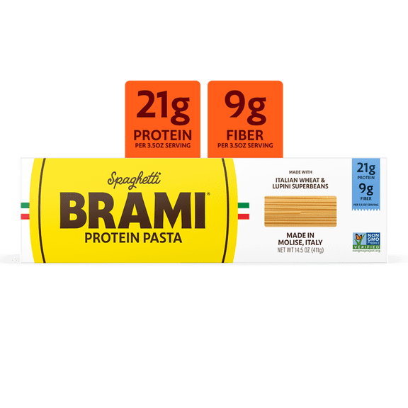 Brami Spaghetti High Protein Pasta, Made in Italy, 21g Protein, High Fiber, Low Carb Vs. Regular Pasta Noodles, Durum Wheat Plus Lupini Beans, Bronze Cut Shelf-Stable Noodles, 14.5 oz Box
