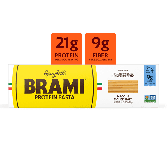 Brami Spaghetti High Protein Pasta, Made in Italy, 21g Protein, High Fiber, Low Carb Vs. Regular Pasta Noodles, Durum Wheat Plus Lupini Beans, Bronze Cut Shelf-Stable Noodles, 14.5 oz Box