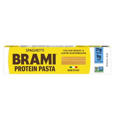 Brami Spaghetti High Protein Pasta, Made in Italy, 21g Protein, High Fiber, Low Carb Vs. Regular Pasta Noodles, Durum Wheat Plus Lupini Beans, Bronze Cut Shelf-Stable Noodles, 14.5 oz Box