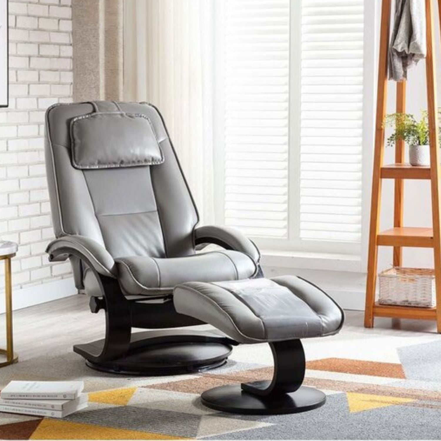 Transitional Gray Leather Swivel Recliner with Wood Accents