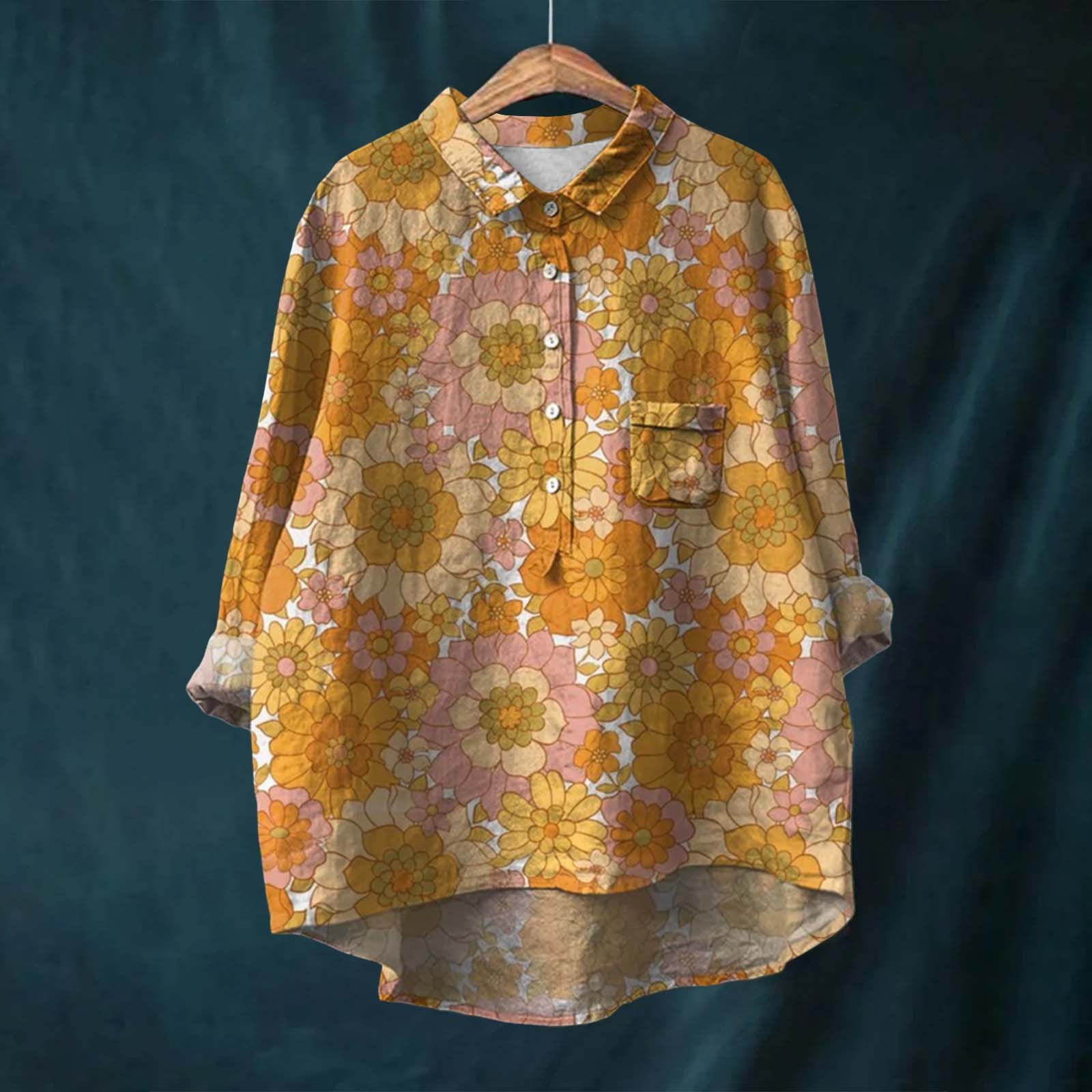 Bramtres Button Down Shirts Womens Shirts Flower Pattern Printed Women