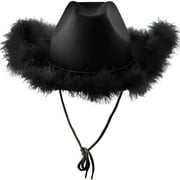 Bramtres Cowboy Hat,Hats for Women Hat With Feather Fluffy Feather Brim Adult Size Cowboy Hat With Feathers For Costume Party Play Dress Up Outfits For Women Western Hats Black