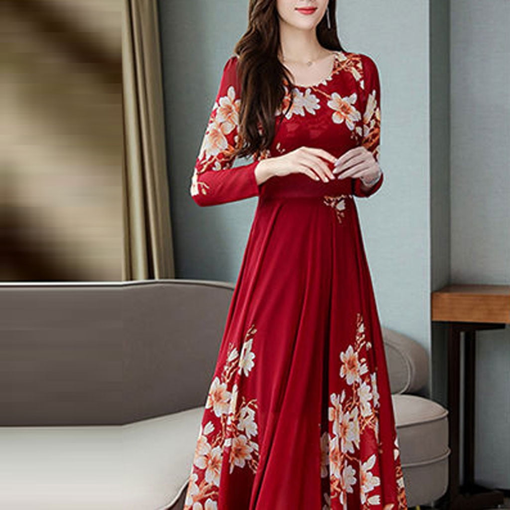 Bramtres Maxi Dresses,Floral Dress,Dress Sleeve Women Print A-line Long  Ladies Long Dress Fashion O-Neck Floral Women's Dress,Long Dresses,Long  Sleeve Dress,Casual Dresses,Green Dress,L - Walmart.com