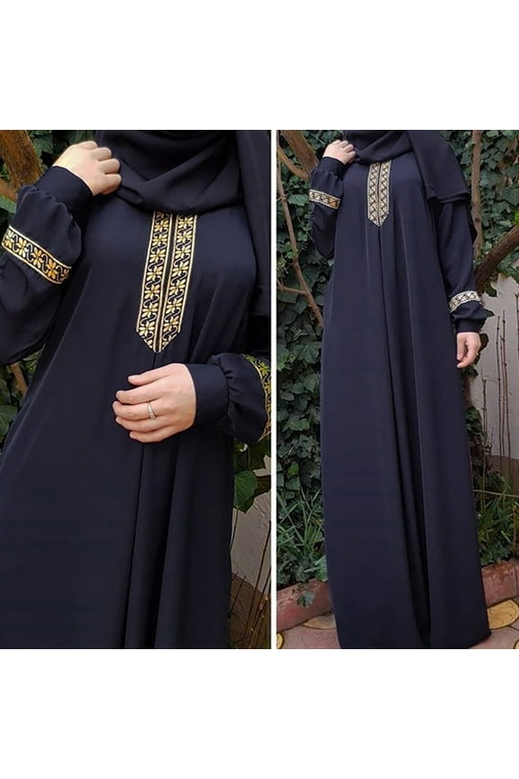 Maxi Dresses,Plus Size Dress,Dress Kaftan Casual Long Maxi Women Dress Size Muslim Jilbab Abaya Plus Print Muslim Clothes,Long Dresses,Long Sleeve Dress,Casual Dresses,Navy Dress,M