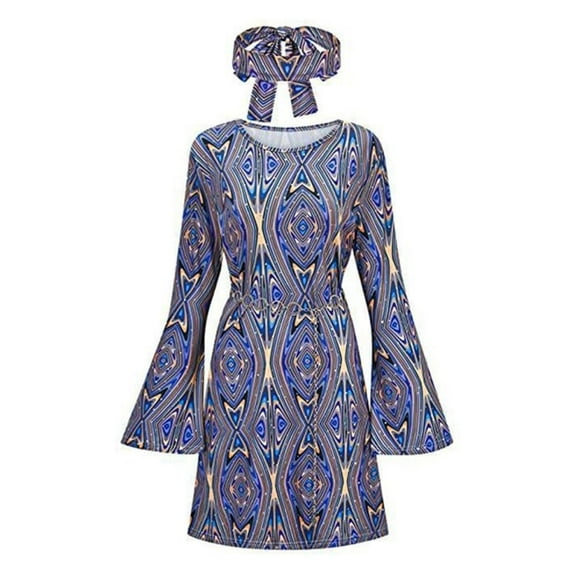 Bramtres Midi Dresses,Hawaiian Dresses,70s 60s Hippie Skirt Headband Set 70s Costume Halloween Women Costume Girl,Long Sleeve Dress,Casual Dresses,Womens Dresses,Blue Dress,L