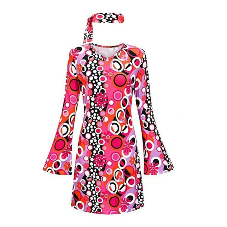 Bramtres Midi Dresses,Hawaiian Dresses,70s 60s Hippie Skirt Headband Set  70s Costume Halloween Women Costume Girl,Long Sleeve Dress,Casual Dresses,Womens  Dresses,Hot Pink Dress,M - Walmart.com