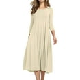 thumbnail image 1 of Bramtres Midi Dresses,Vacation Dresses,Women's Fashion Casual Solid Dress Round Neck Long Sleeve Mid Calf Swing Dress,Long Sleeve Dress,Modest Dresses,Fit and Flare Dress,Beige Dress,M, 1 of 4