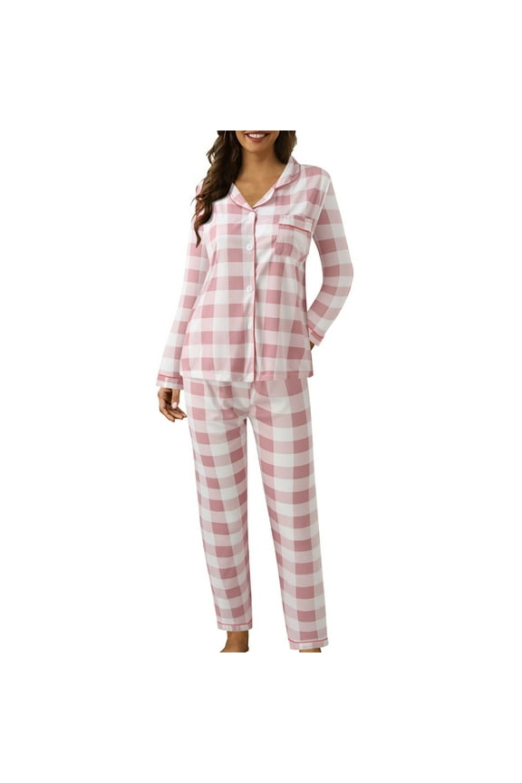 Pajama Sets for Women 2 Piece Button Up Pajamas Lapel Button Plaid Print Two Piece Long Sleeve Pajamas Pajamas Suit Womens Loungewear Set Womens Pajama Sets Pink M