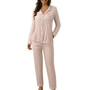 BRAMTRES Pajama Sets for Women 2 Piece Button Up Pajamas Lapel Button Plaid Printing Two Piece Long Sleeve Pajamas Pajamas Suit Womens Loungewear Set Womens Pajama Sets C L