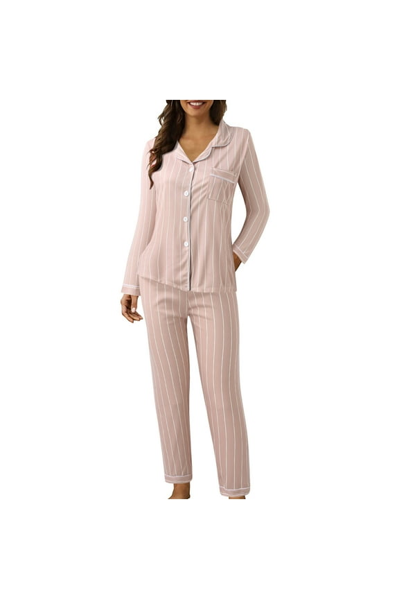 Pajama Sets for Women 2 Piece Button Up Pajamas Lapel Button Plaid Printing Two Piece Long Sleeve Pajamas Pajamas Suit Womens Loungewear Set Womens Pajama Sets C M