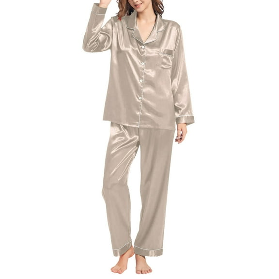 Bramtres Pajama Sets for Women 2 Piece Silk Pajamas Silk Like Pajamas Long Sleeve Set Two Piece Sleepwear Button Down Nightwear Loungewear Sets Satin Pajama Set Womens Pajama Sets B M