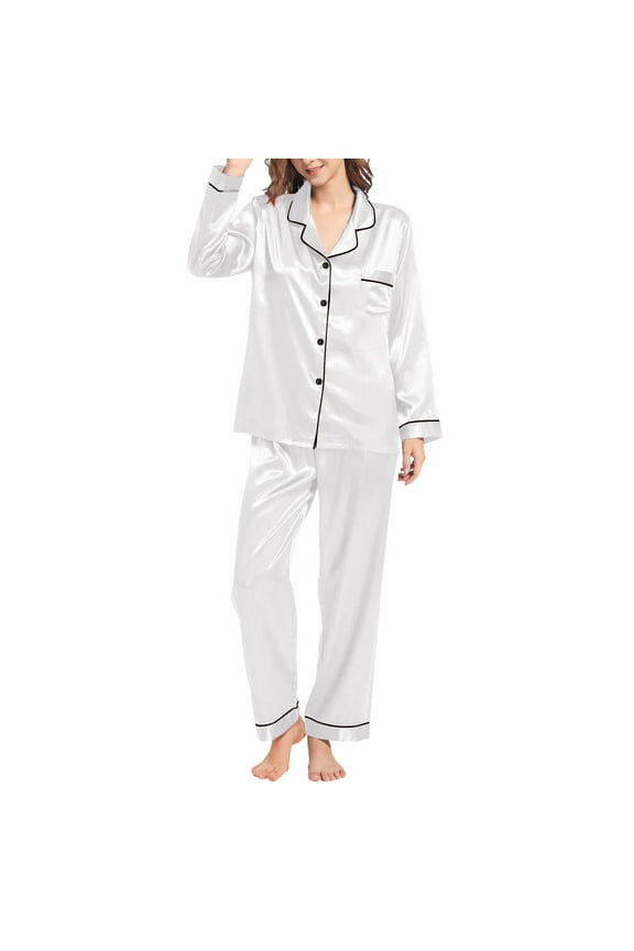 Pajama Sets for Women 2 Piece Silk Pajamas Silk Like Pajamas Long Sleeve Set Two Piece Sleepwear Button Down Nightwear Loungewear Sets Satin Pajama Set Womens Pajama Sets White M
