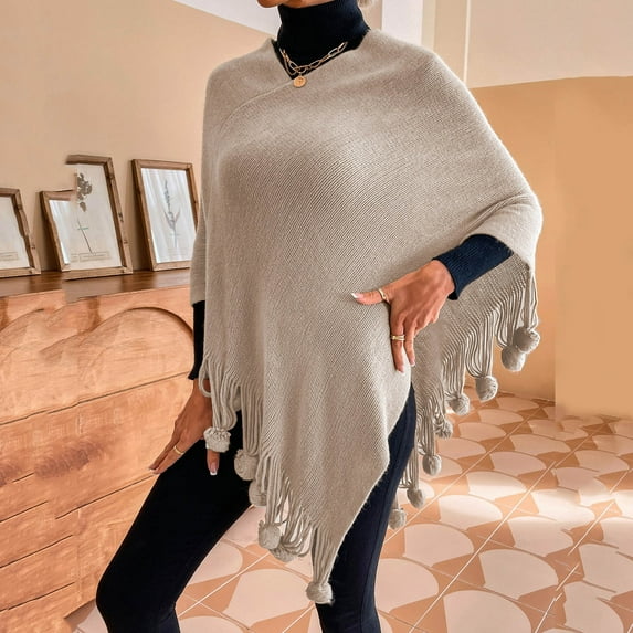 Bramtres Shawl Wraps for Women,Ponchos Womens Solid Color Frayed Pullover Fringed Shawl Sweater Cape Fashion Coat Women's Scarves & Wraps Beige M