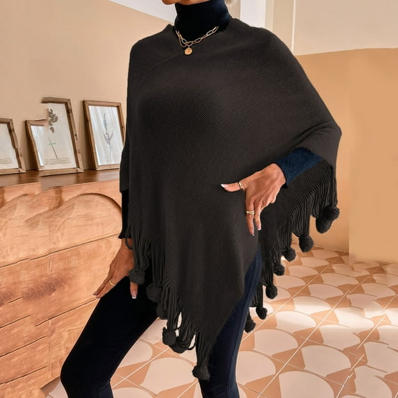 Bramtres Shawl Wraps for Women,Ponchos Womens Solid Color Frayed Pullover Fringed Shawl Sweater Cape Fashion Coat Women's Scarves & Wraps Black M