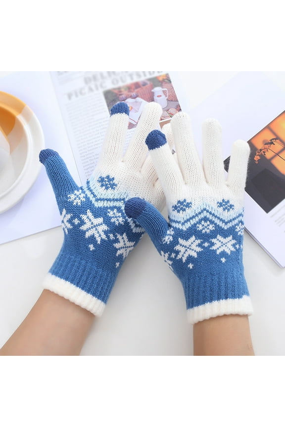 Snow Gloves,Ski Gloves Screen Gloves Warm Stretch Knitted Gloves Mittens Knitting Christmas Snowflakes Printing Golves Students Outdoor Riding Hiking Mittens Gloves for Cold Weather Blue