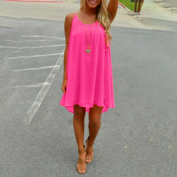 Bramtres Sundresses for Women 2025,Midi Dresses,Ladies Solid Color Round Neck Sleeveless Hollow Chiffon Sling Dress,Beach Dress,Flowy Dresses,Modest Dresses,Hot Pink Dress,L