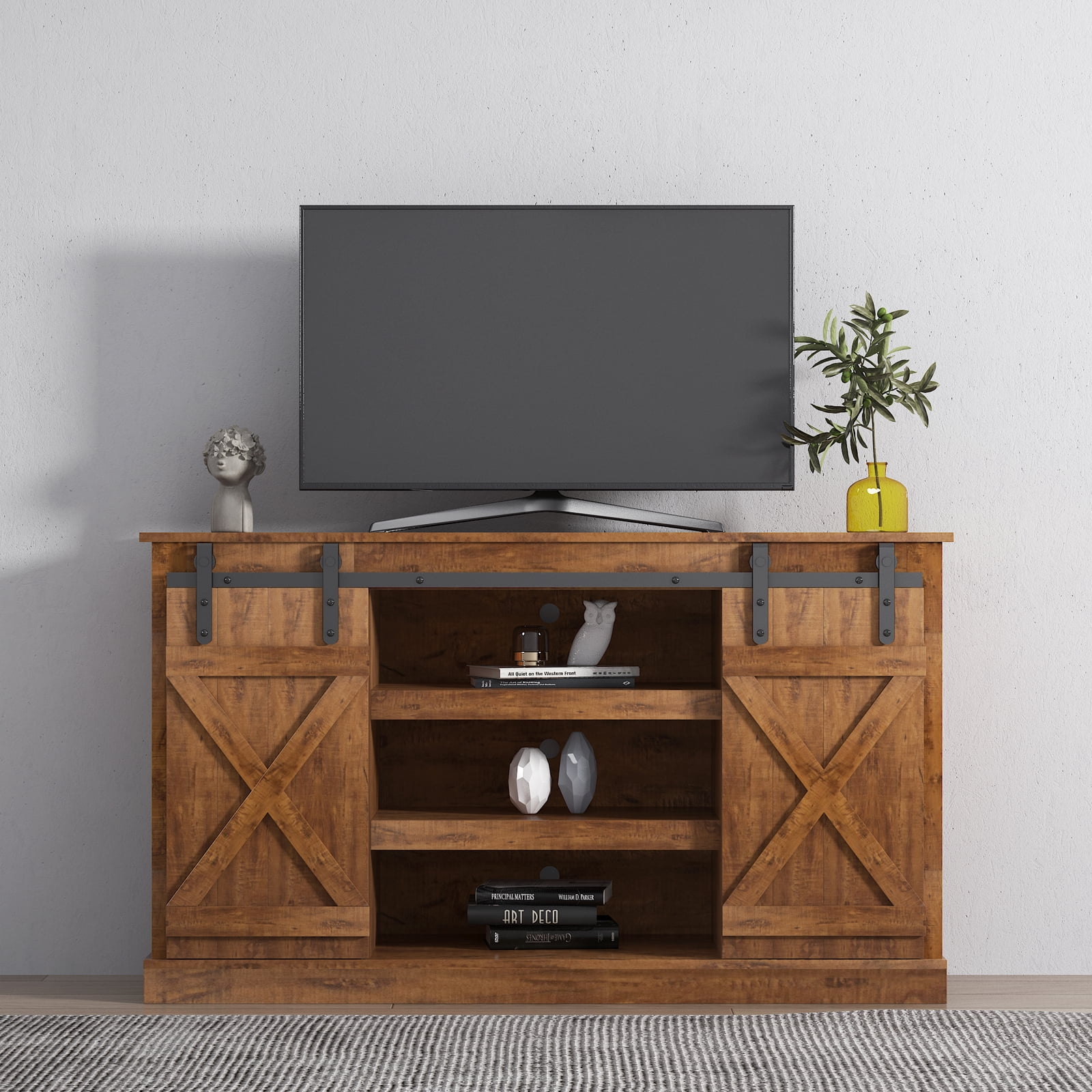 65" Farmhouse TV Stand - Gray Entertainment Center With Power Outlets & LED Lights