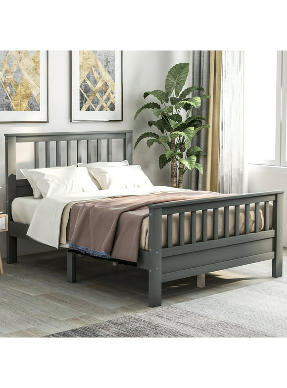 Branax Full Bed Frame, Solid Wood Platform Bed Frame with Headboard, Slatted and Footboard, Capacity 500lbs No Box Spring Needed, Easy Assembly for Kids, Grils & Boys (Gray)