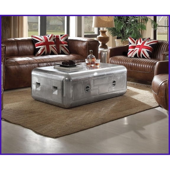 Brancaster Aluminum Trunk-Style Coffee Table with Drawer, 52W x 31D x 19H, No Assembly Needed