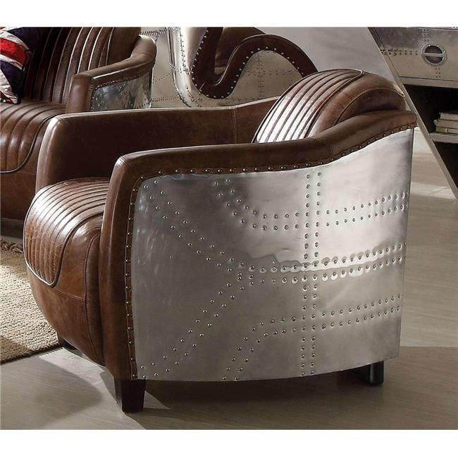 Retro Brown Top Grain Leather and Aluminum Accent Chair