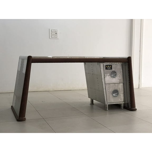Brancaster Desk, Distress Chocolate Top Grain Leather & Aluminum Table Aviator Furniture Home and Office Decor (62 in Ches)