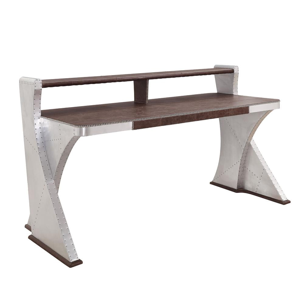 Retro Brown Top Grain Leather and Aluminum Industrial Desk with Shelf