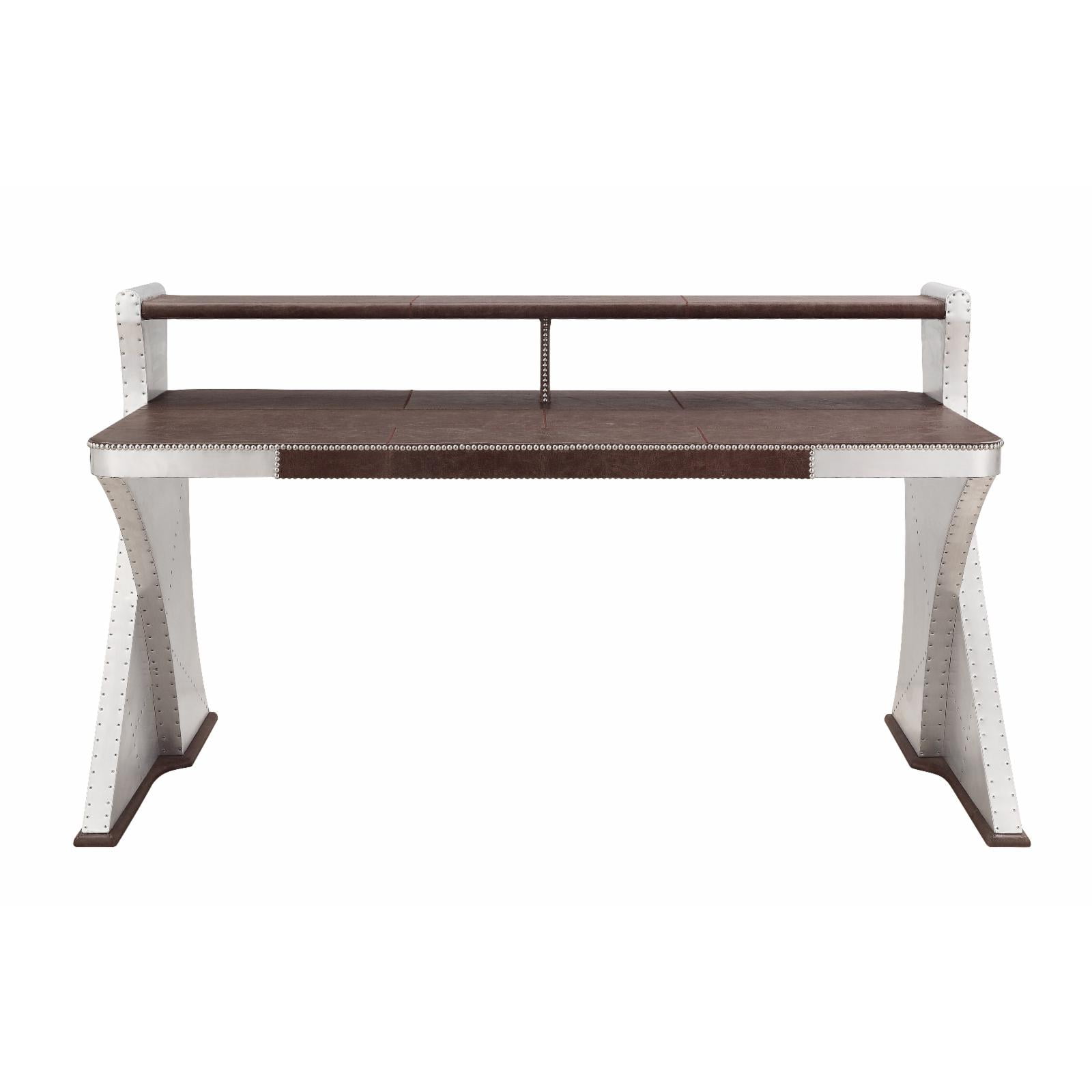 Retro Brown Top Grain Leather and Aluminum Industrial Desk with Shelf