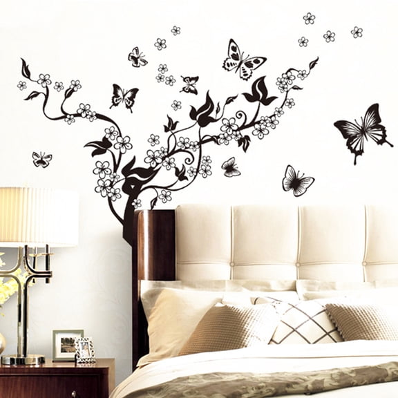 Branch Butterfly Flower Vine Wall Sticker, Branch And Butterfly Flower Vine Pattern Design With Intricate Branch Outlines And Delicate Butterfly Silhouettes, For Kitchen