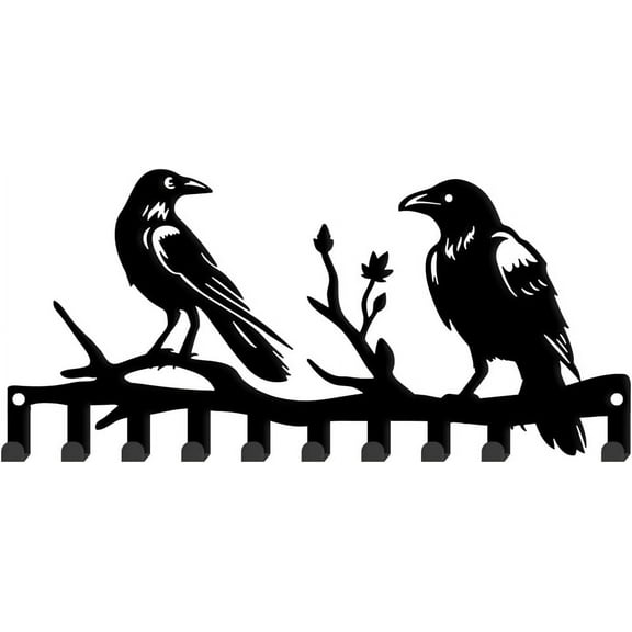 Branch and Crow Metal Key Holder Raven Decorative 10 Hooks Key Rack Organizer Wall Mounted Rack Hooks Birds Kitchen Decor Key Hanger Dog Leash Hanger for Farmhouse Wall Front Door