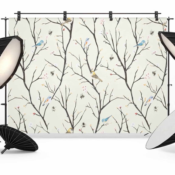 Branch Flower Backdrop for Photography, Bee Bird Bud Retro Photo Backdrop Portrait Background Party Banner Photo Backgrounds for Studio Booth Props, 12x8ft