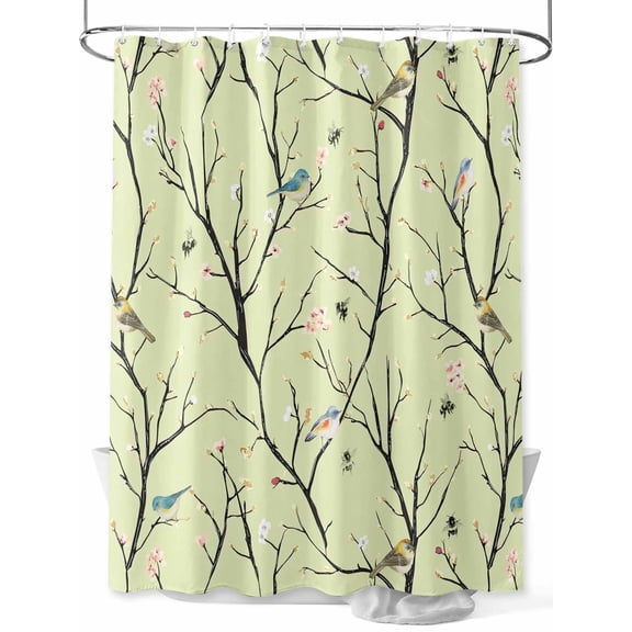 Branch Flower Shower Curtain, Bee Bird Bud Retro Green Waterproof Shower Curtain Set with 12 Hooks Lightweight Washable Fabric Shower Curtains for Bathroom 48x72 Inches