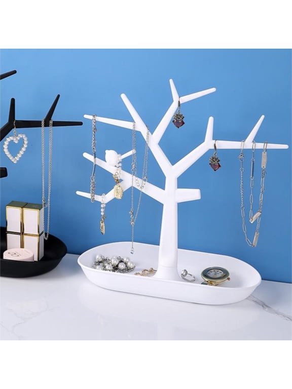 Branch Jewelry Display Tree Stand with Ring Holder, Plastic Hanging Organizer for Necklaces, Earrings and Bracelets, Countertop Jewelry Rack, Multiple Colors