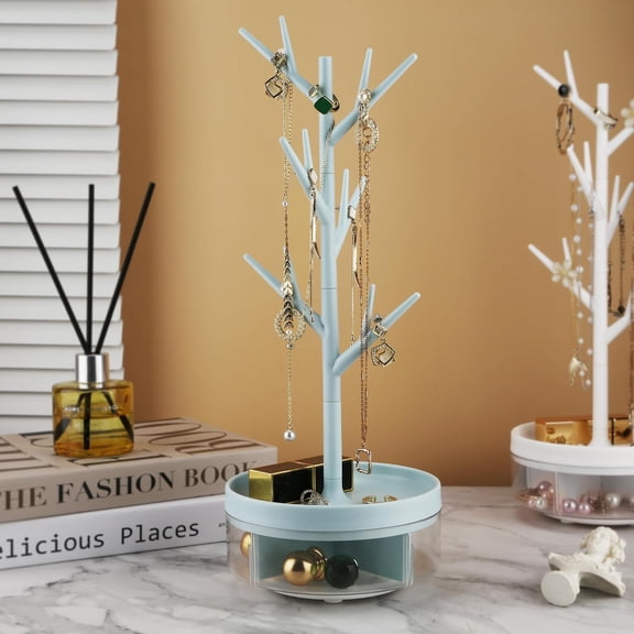 Branch Jewelry Rack With Rotatable Base and Storage Box,Jewelry Display Rack Holder,Tree Tower Rack Hanging Organizer for Necklace Bracelet Ring Earrings(Sky blue)
