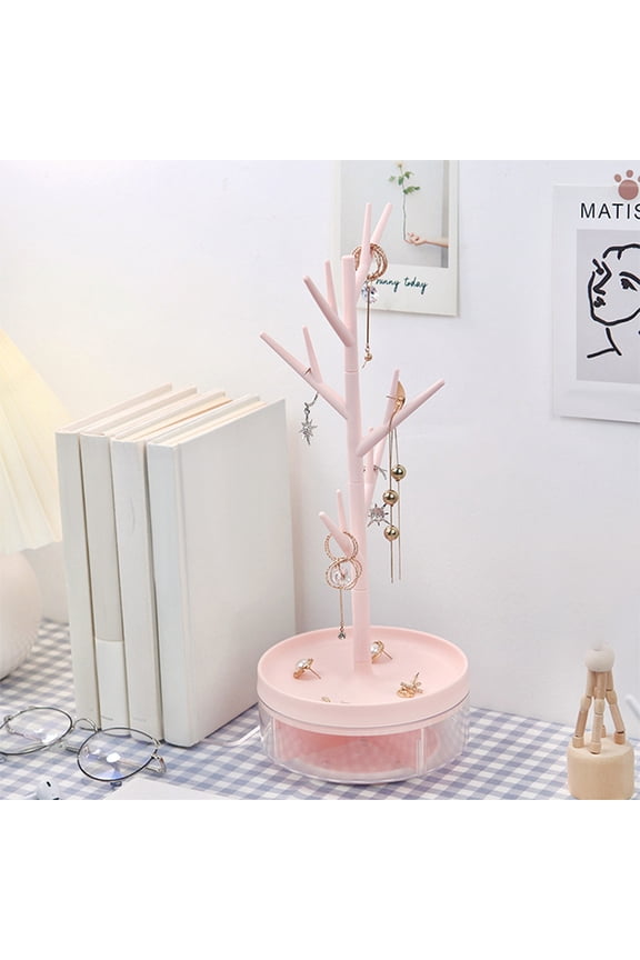 Branch Jewelry Rack With Rotatable Base and Storage Box Tree Tower Rack Hanging Organizer,Long Necklaces Bracelets Jewelry Storage Rack For Dresser Bathroom Van (Pink)