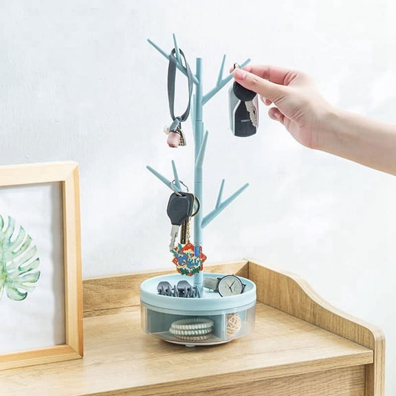 Branch Jewelry Rack with Rotatable Base and Storage Box Tree Tower Rack Hanging Organizer, Blue
