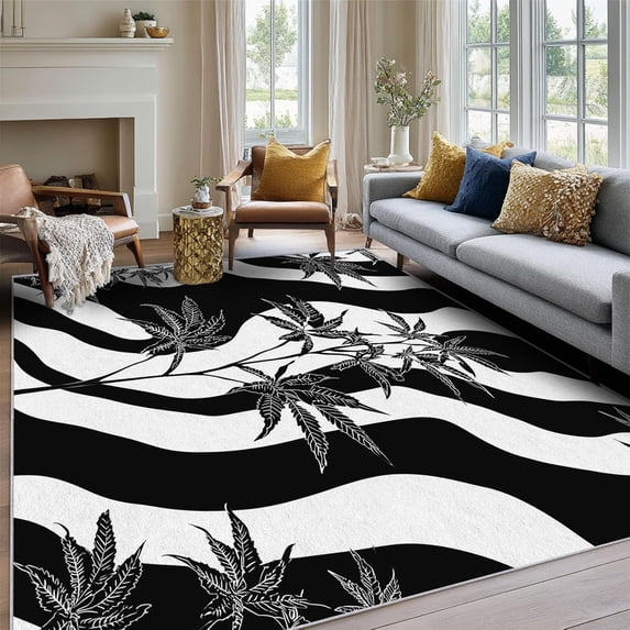 Branch Leaf Black White Area Rug, Abstract Design Carpet, Washable Non ...