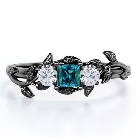 Branch Leaf Design - 1 Carat Princess Cut Lab Grown Alexandrite and Moissanite - Three Stone Engagement Ring - 18K Black Gold Plating over Silver